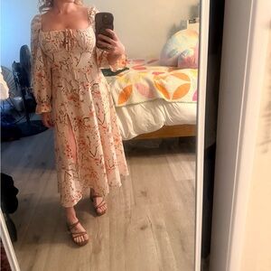 Lioness Cream and Orange cherry blossom Long Sleeve maxi w/high slit